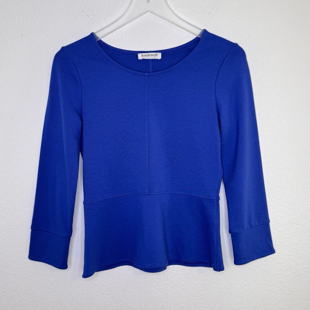 Kettlewell Women Ada Ponte Top Size Small Blue Peplum Tulip Cuff Office Capsule‎